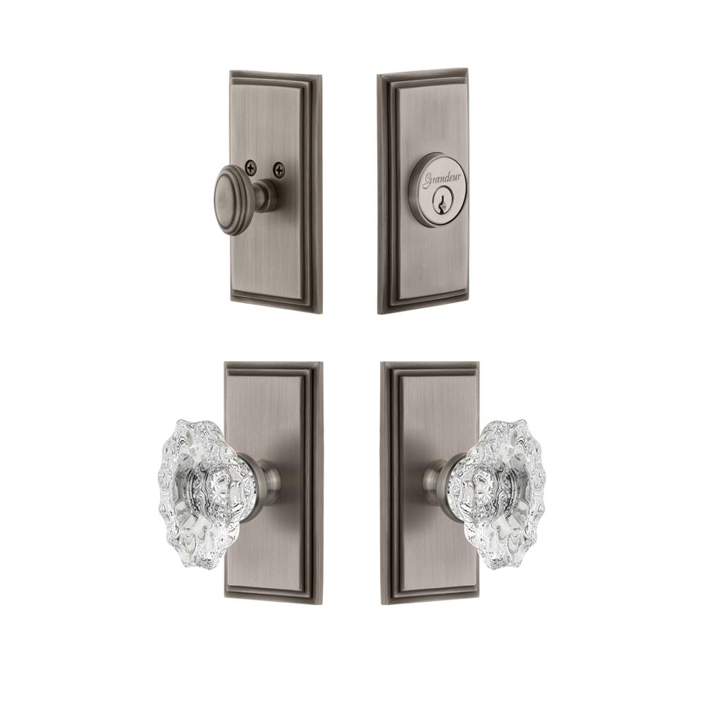 Grandeur by Nostalgic Warehouse CARBIA Carre Plate with Biarritz Crystal Knob and matching Deadbolt in Antique Pewter