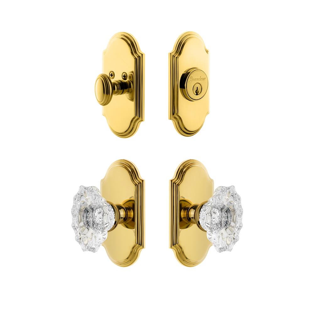 Grandeur by Nostalgic Warehouse ARCBIA Arc Plate with Biarritz Crystal Knob and matching Deadbolt in Lifetime Brass