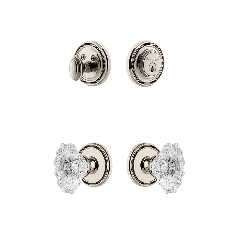 Grandeur by Nostalgic Warehouse SOLBIA Soleil Plate with Biarritz Crystal Knob and matching Deadbolt in Polished Nickel