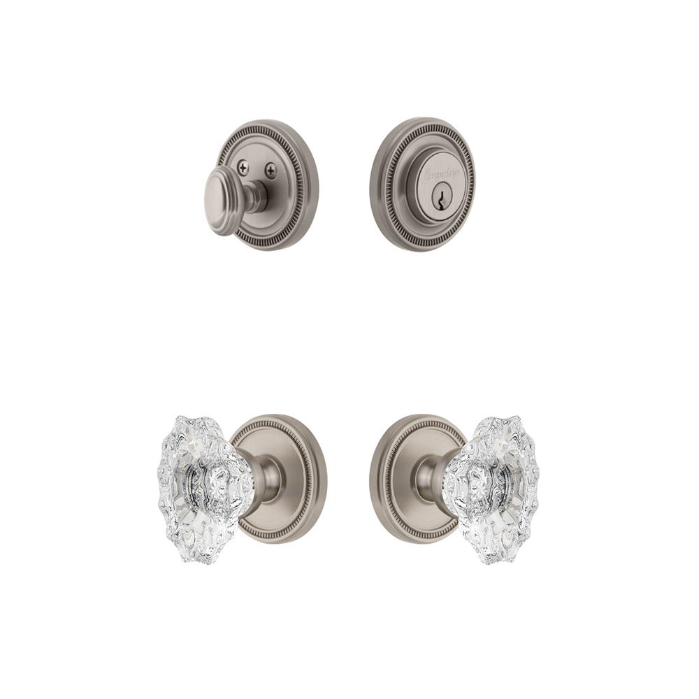 Grandeur by Nostalgic Warehouse SOLBIA Soleil Plate with Biarritz Crystal Knob and matching Deadbolt in Satin Nickel
