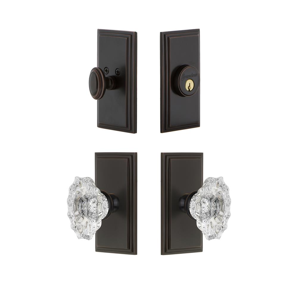 Grandeur by Nostalgic Warehouse CARBIA Carre Plate with Biarritz Crystal Knob and matching Deadbolt in Timeless Bronze