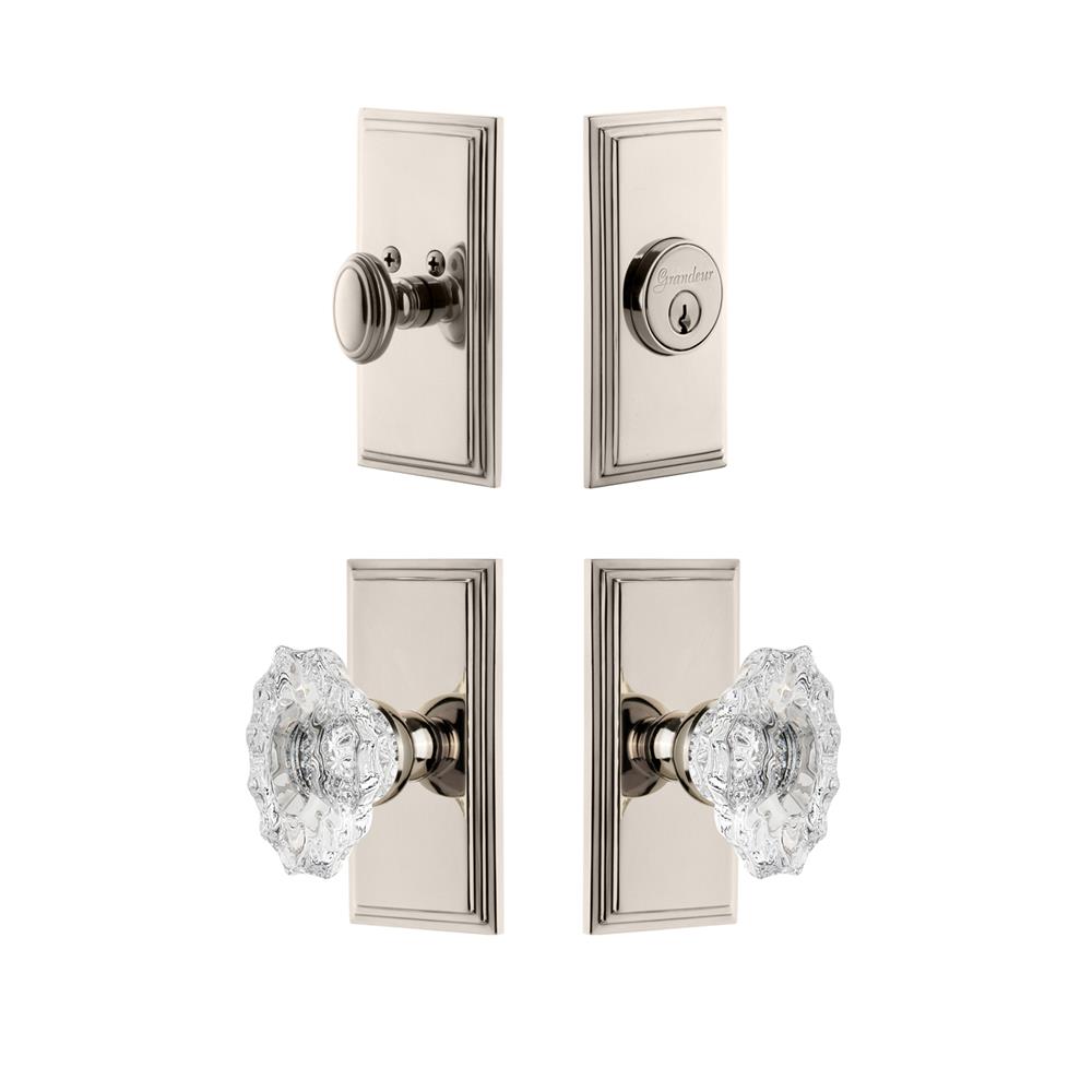 Grandeur by Nostalgic Warehouse CARBIA Carre Plate with Biarritz Crystal Knob and matching Deadbolt in Polished Nickel