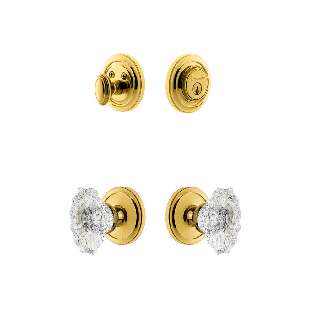 Grandeur by Nostalgic Warehouse CIRBIA Circulaire Rosette with Biarritz Crystal Knob and matching Deadbolt in Lifetime Brass