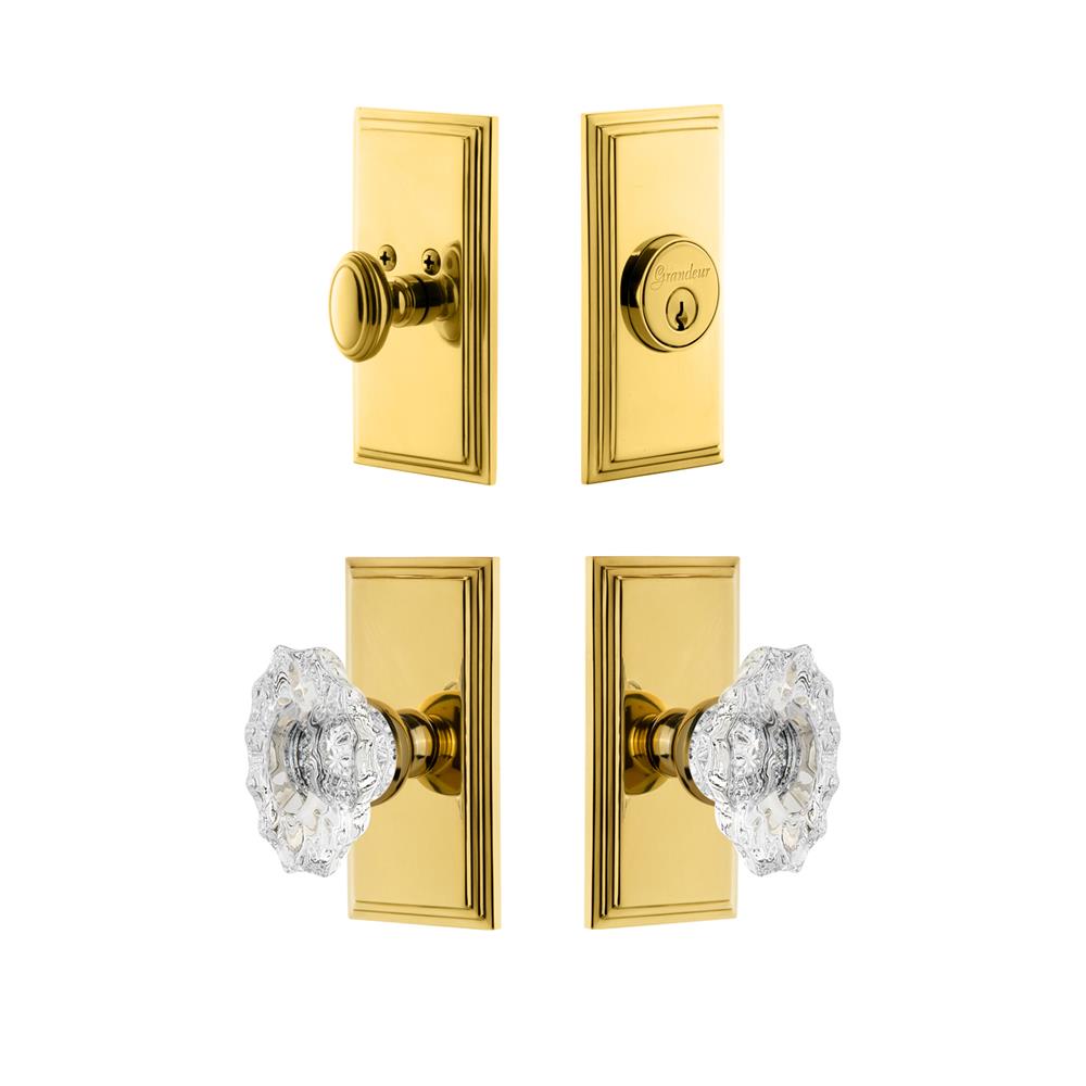 Grandeur by Nostalgic Warehouse CARBIA Carre Plate with Biarritz Crystal Knob and matching Deadbolt in Lifetime Brass