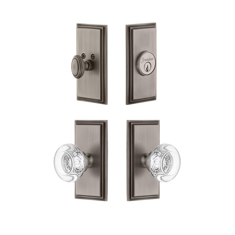 Grandeur by Nostalgic Warehouse CARBOR Carre Plate with Bordeaux Crystal Knob and matching Deadbolt in Antique Pewter