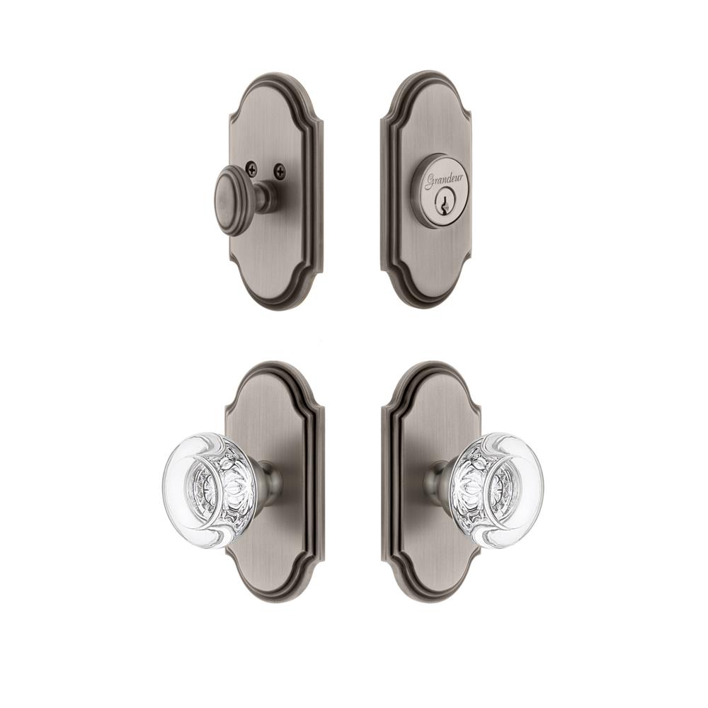 Grandeur by Nostalgic Warehouse ARCBOR Arc Plate with Bordeaux Crystal Knob and matching Deadbolt in Antique Pewter