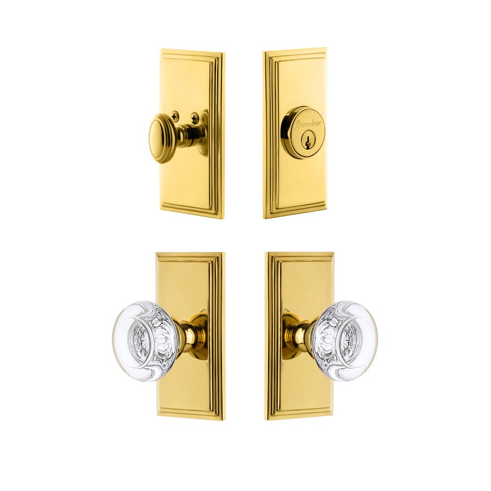 Grandeur by Nostalgic Warehouse CARBOR Carre Plate with Bordeaux Crystal Knob and matching Deadbolt in Lifetime Brass