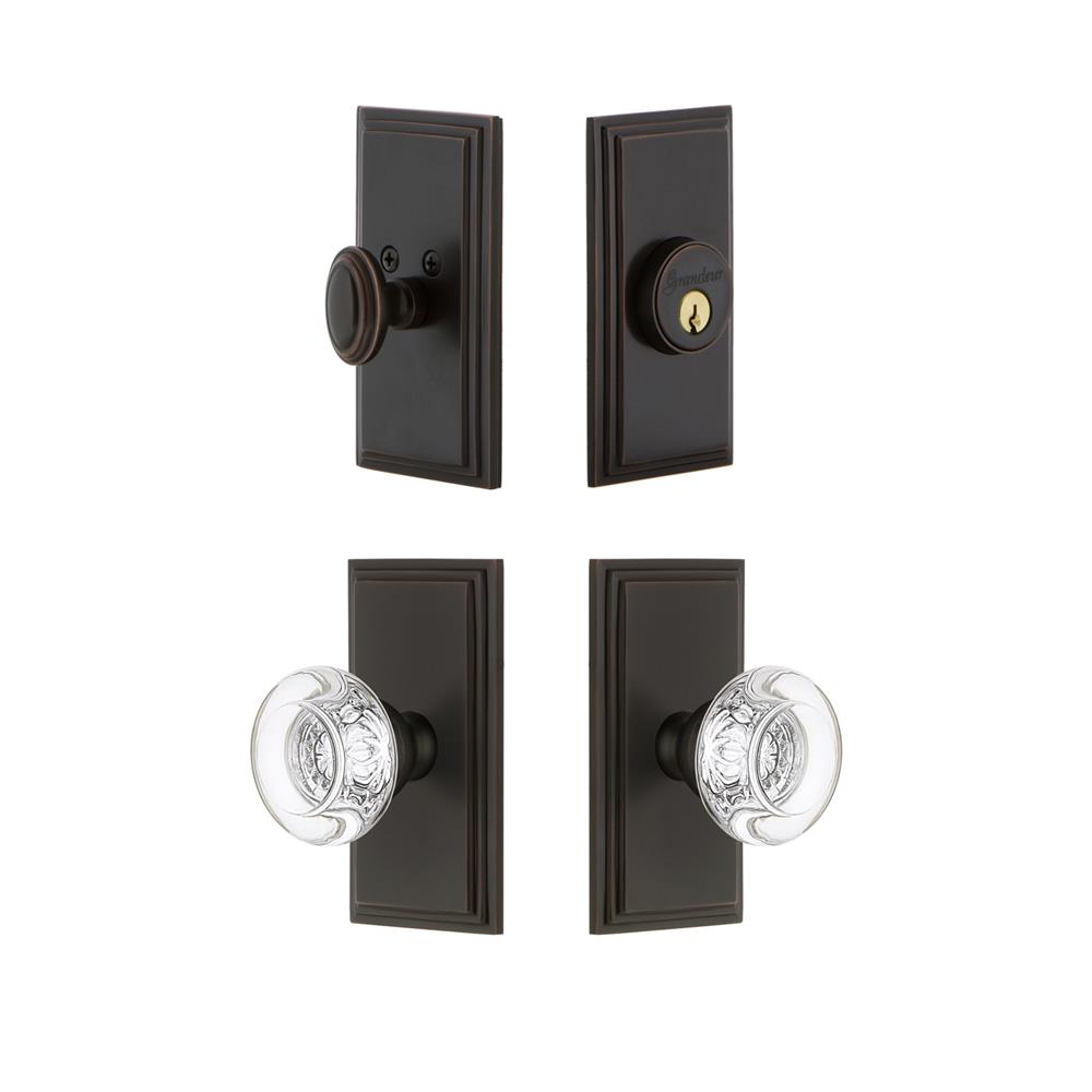 Grandeur by Nostalgic Warehouse CARBOR Carre Plate with Bordeaux Crystal Knob and matching Deadbolt in Timeless Bronze
