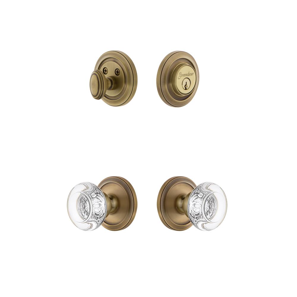 Grandeur by Nostalgic Warehouse CIRBOR Circulaire Rosette with Bordeaux Crystal Knob and matching Deadbolt in Vintage Brass