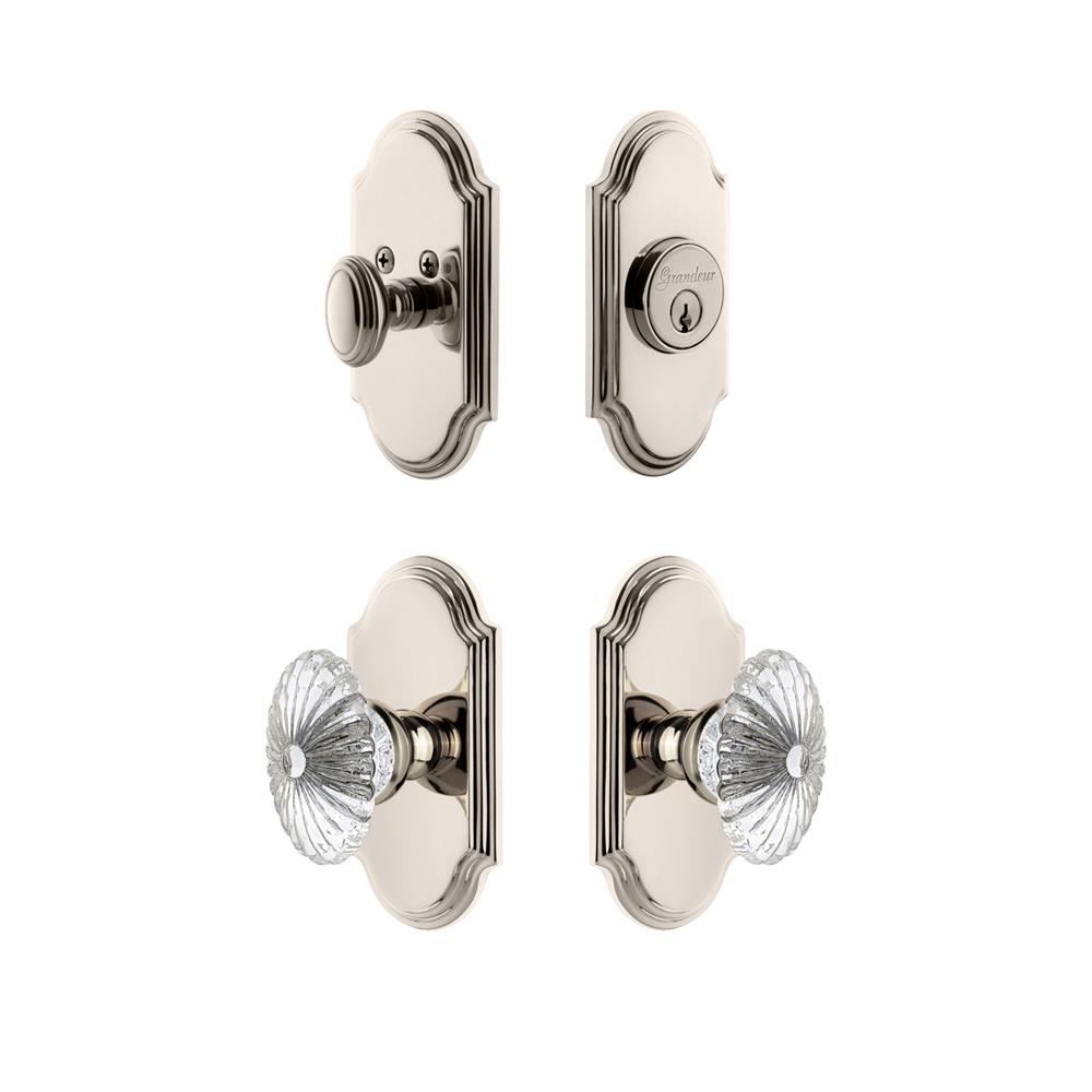 Grandeur by Nostalgic Warehouse ARCBUR Arc Plate with Burgundy Crystal Knob and matching Deadbolt in Polished Nickel