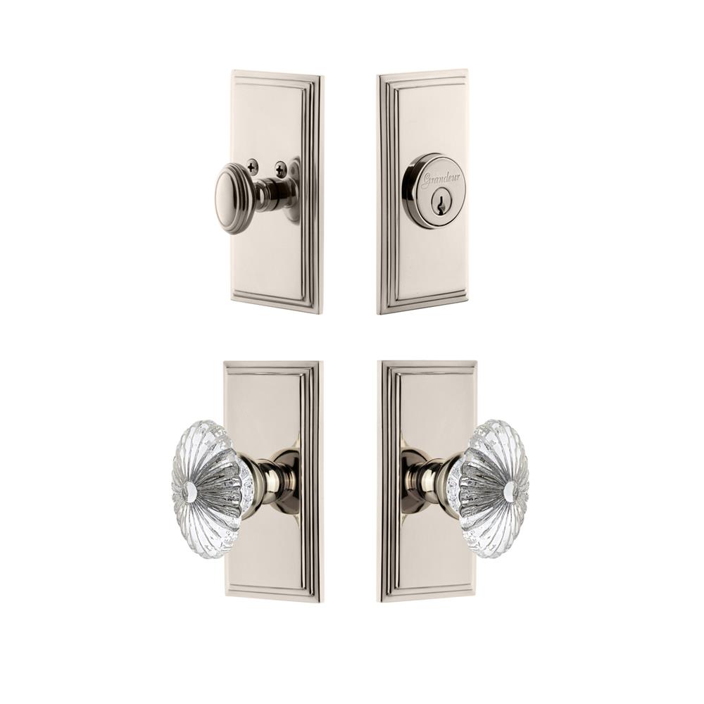 Grandeur by Nostalgic Warehouse CARBUR Carre Plate with Burgundy Crystal Knob and matching Deadbolt in Polished Nickel