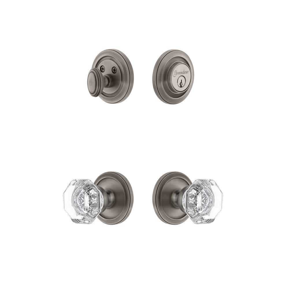 Grandeur by Nostalgic Warehouse CIRCHM Circulaire Rosette with Chambord Crystal Knob and matching Deadbolt in Antique Pewter
