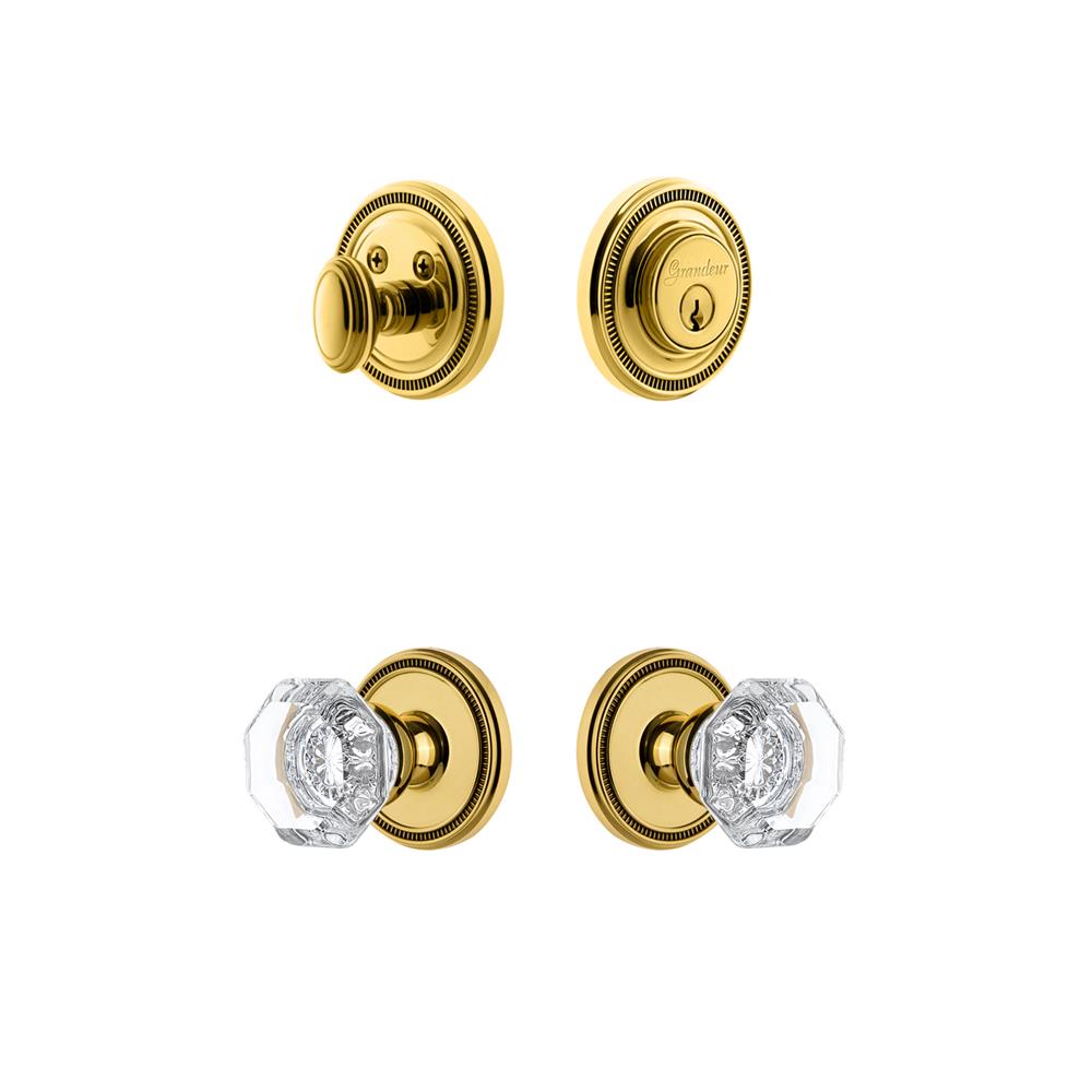 Grandeur by Nostalgic Warehouse SOLCHM Soleil Plate with Chambord Crystal Knob and matching Deadbolt in Lifetime Brass