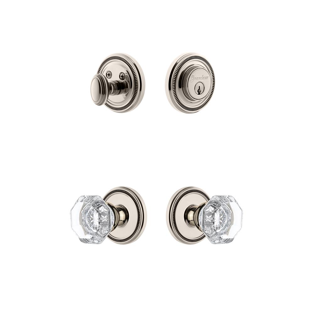 Grandeur by Nostalgic Warehouse SOLCHM Soleil Plate with Chambord Crystal Knob and matching Deadbolt in Polished Nickel