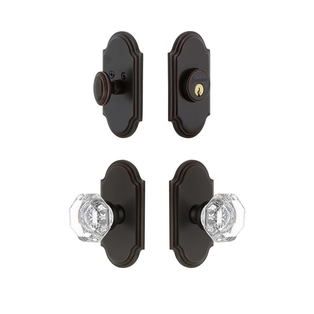 Grandeur by Nostalgic Warehouse ARCCHM Arc Plate with Chambord Crystal Knob and matching Deadbolt in Timeless Bronze