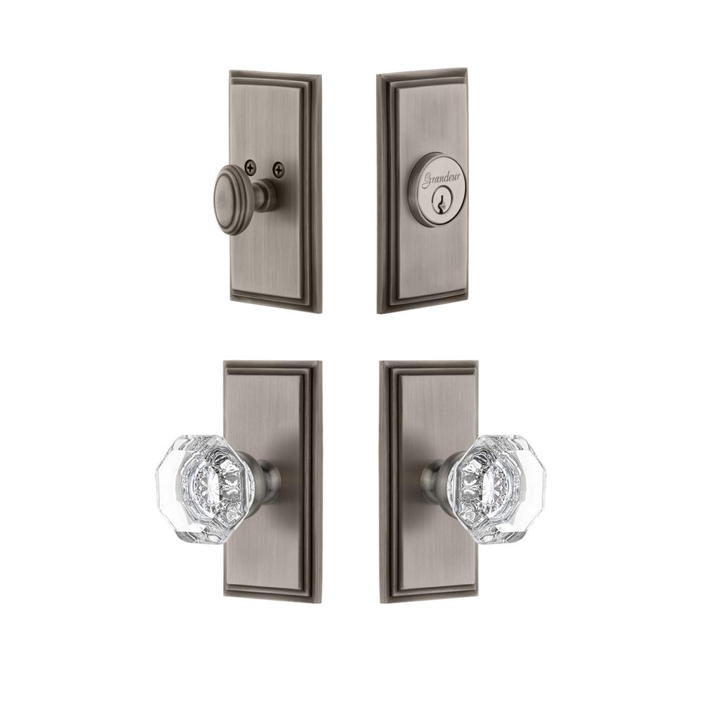 Grandeur by Nostalgic Warehouse CARCHM Carre Plate with Chambord Crystal Knob and matching Deadbolt in Antique Pewter