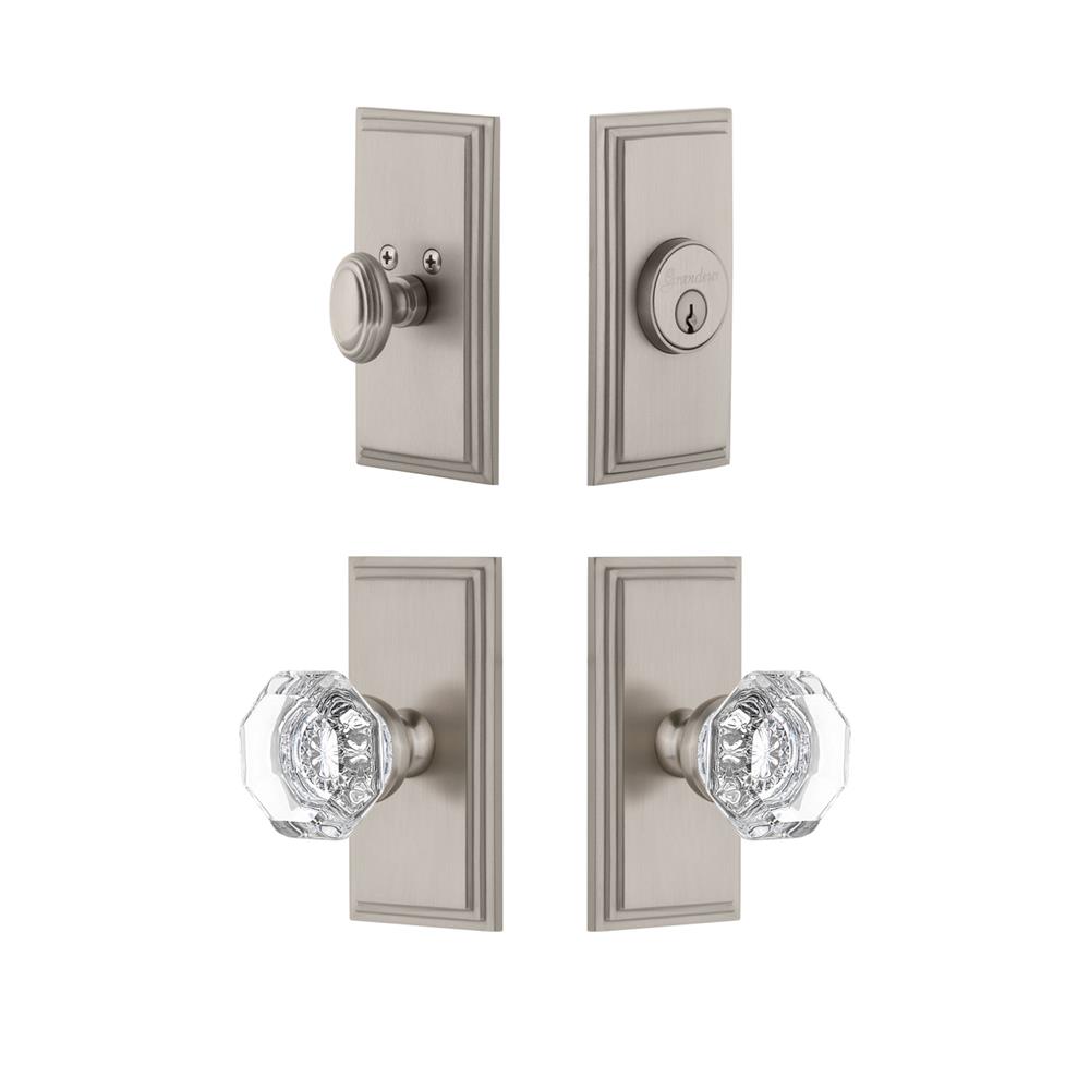 Grandeur by Nostalgic Warehouse CARCHM Carre Plate with Chambord Crystal Knob and matching Deadbolt in Satin Nickel