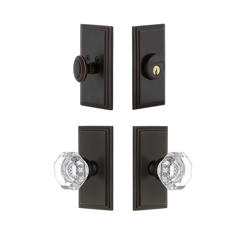 Grandeur by Nostalgic Warehouse CARCHM Carre Plate with Chambord Crystal Knob and matching Deadbolt in Timeless Bronze
