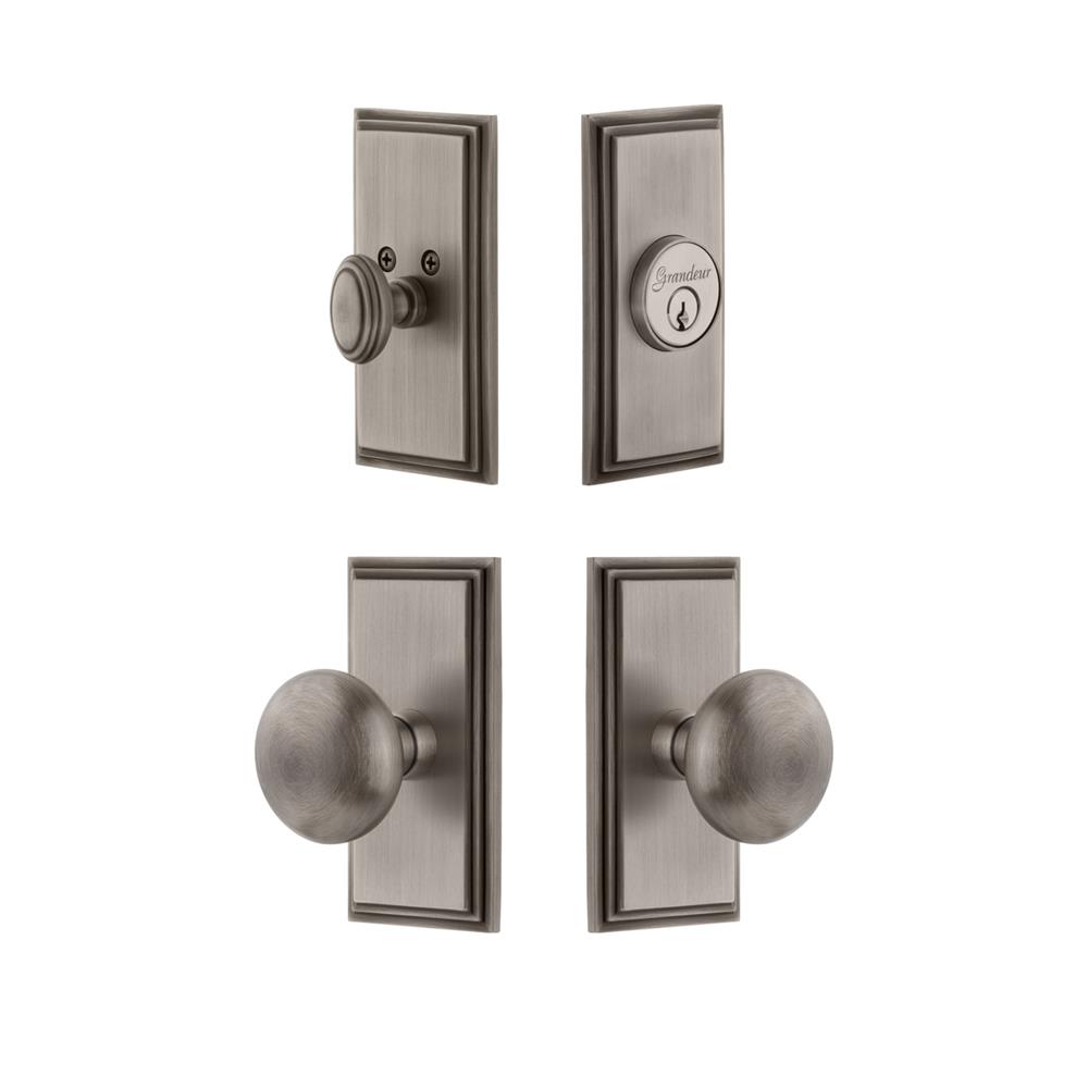Grandeur by Nostalgic Warehouse CARFAV Carre Plate with Fifth Avenue Knob and matching Deadbolt in Antique Pewter