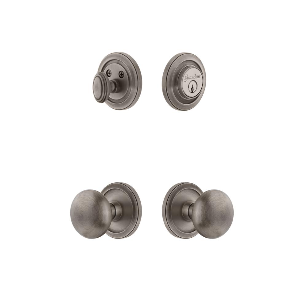 Grandeur by Nostalgic Warehouse CIRFAV Circulaire Rosette with Fifth Avenue Knob and matching Deadbolt in Antique Pewter