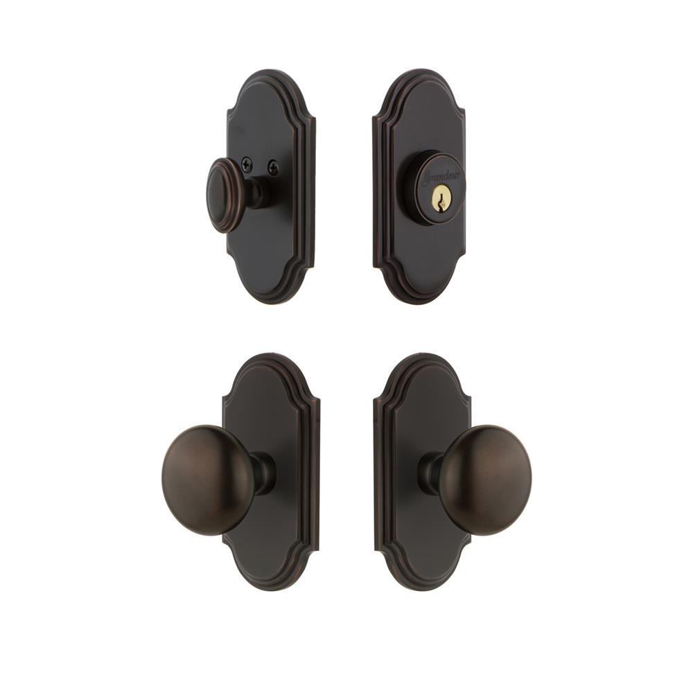 Grandeur by Nostalgic Warehouse ARCFAV Arc Plate with Fifth Avenue Knob and matching Deadbolt in Timeless Bronze