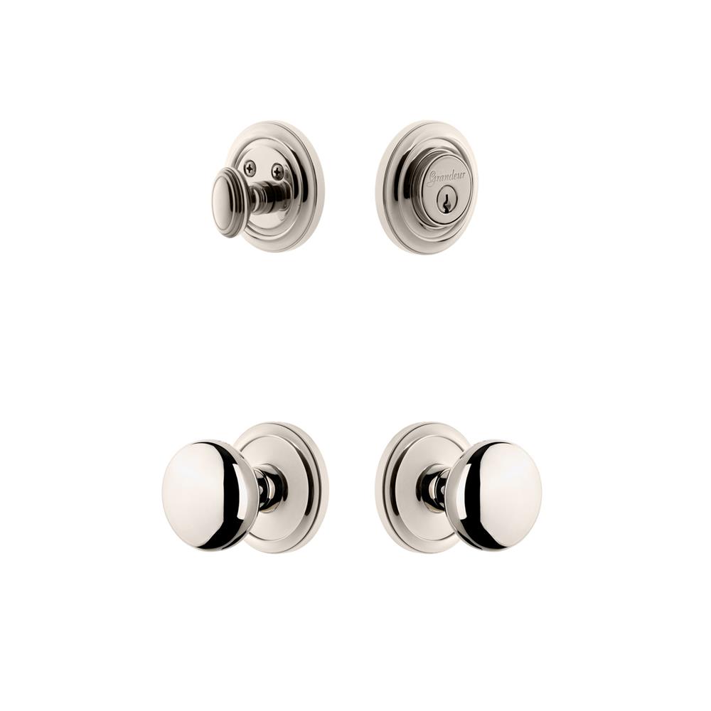 Grandeur by Nostalgic Warehouse CIRFAV Circulaire Rosette with Fifth Avenue Knob and matching Deadbolt in Polished Nickel