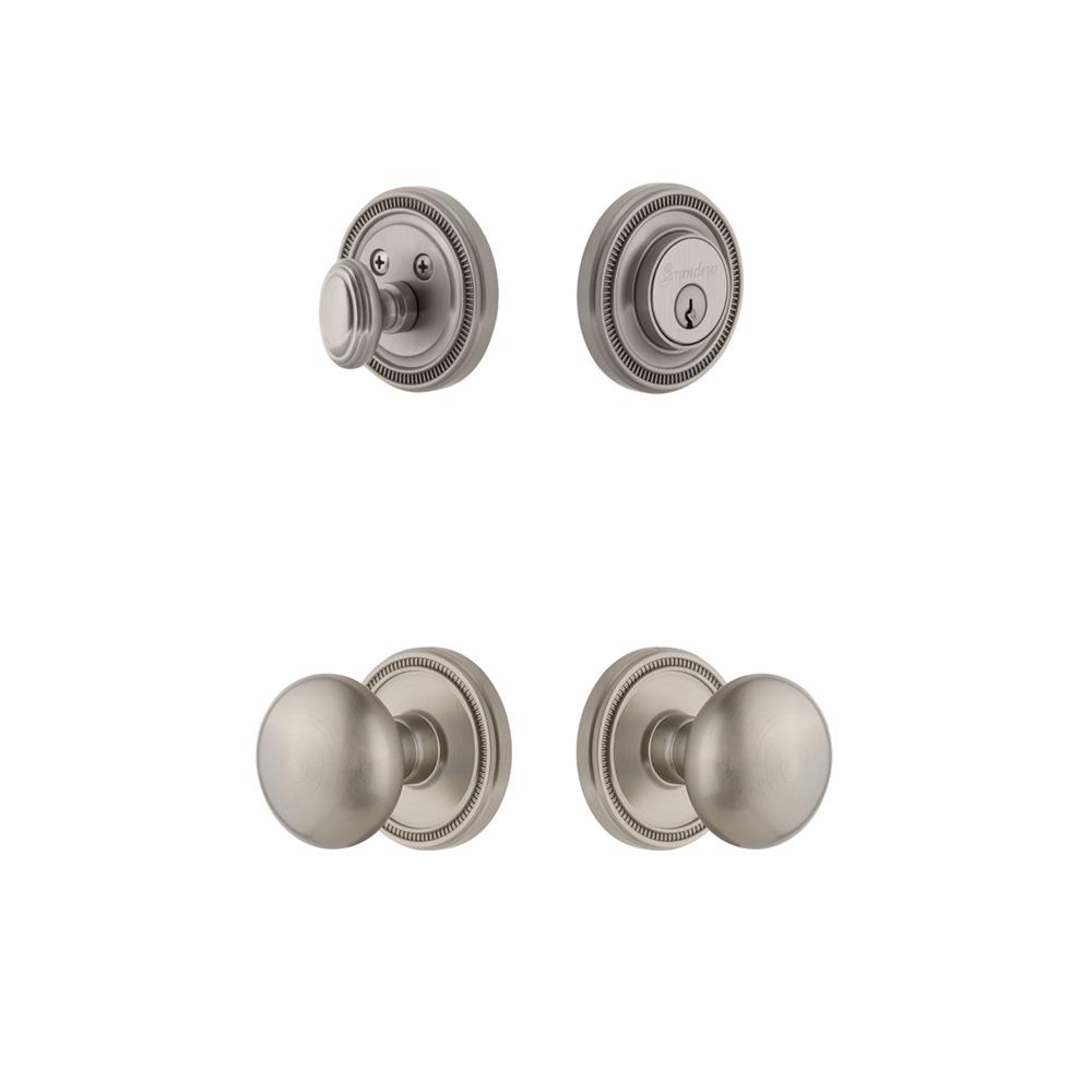 Grandeur by Nostalgic Warehouse SOLFAV Soleil Plate with Fifth Avenue Knob and matching Deadbolt in Satin Nickel