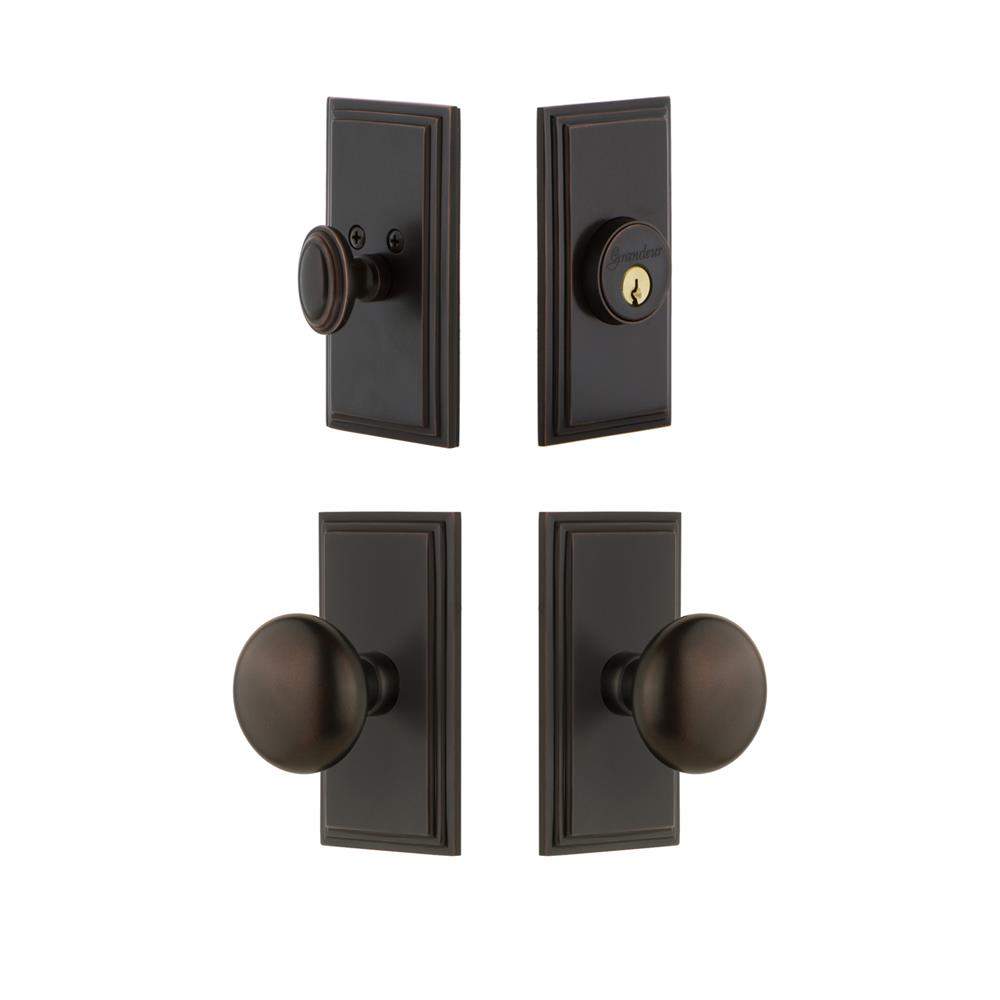 Grandeur by Nostalgic Warehouse CARFAV Carre Plate with Fifth Avenue Knob and matching Deadbolt in Timeless Bronze