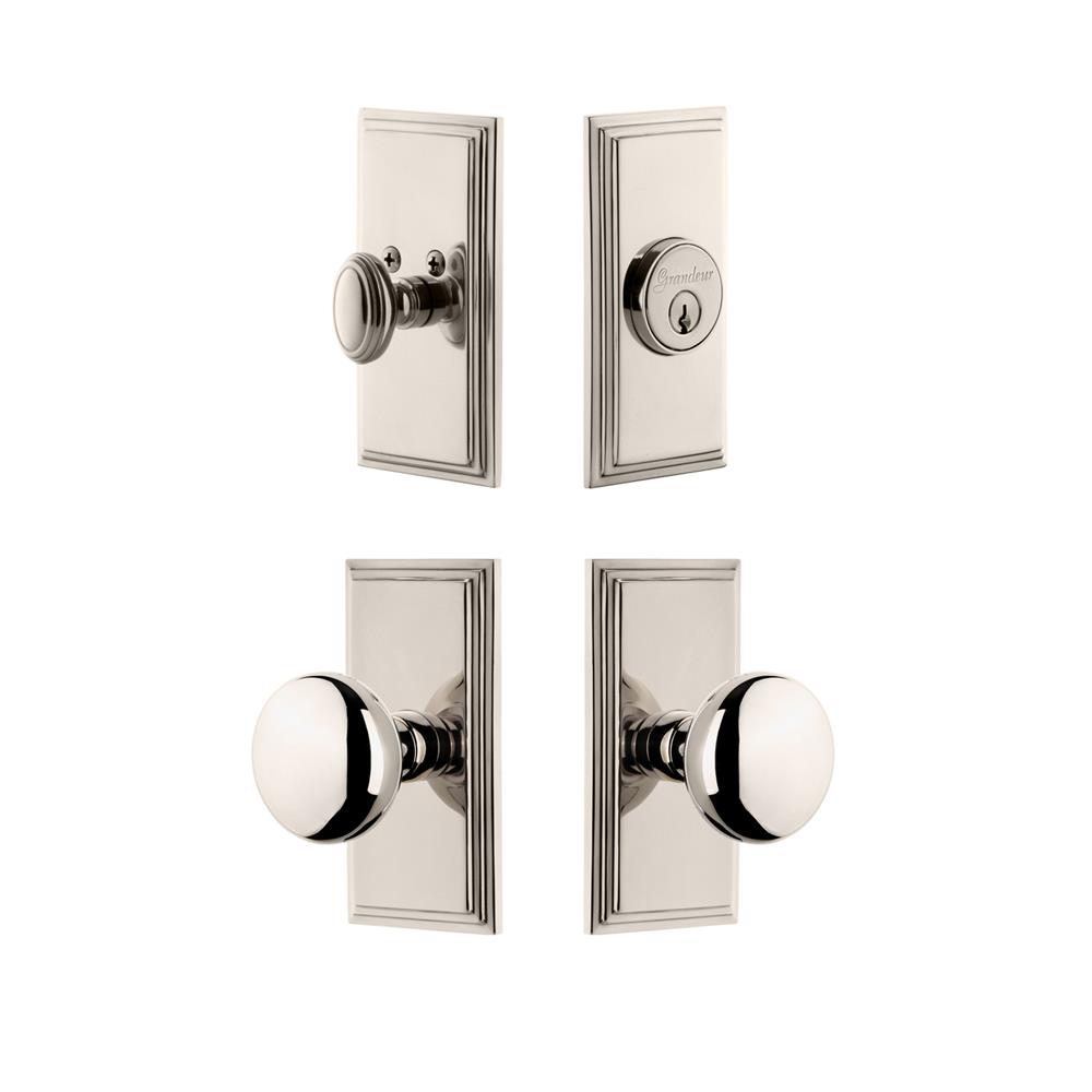 Grandeur by Nostalgic Warehouse CARFAV Carre Plate with Fifth Avenue Knob and matching Deadbolt in Polished Nickel