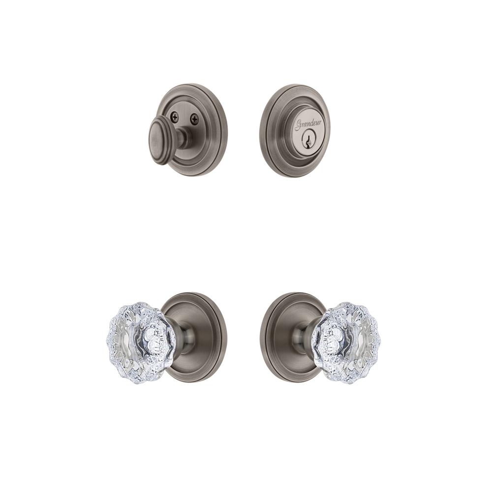 Grandeur by Nostalgic Warehouse CIRFON Circulaire Rosette with Fontainebleau Crystal Knob and matching Deadbolt in Antique Pewter