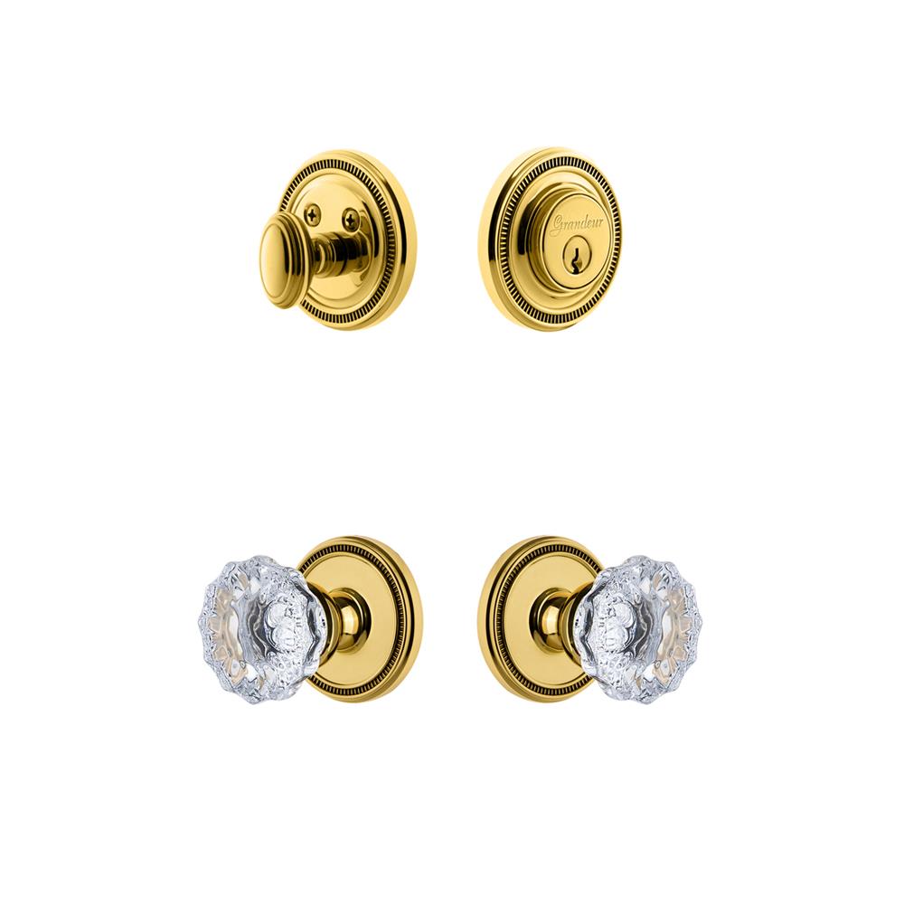 Grandeur by Nostalgic Warehouse SOLFON Soleil Plate with Fontainebleau Crystal Knob and matching Deadbolt in Lifetime Brass
