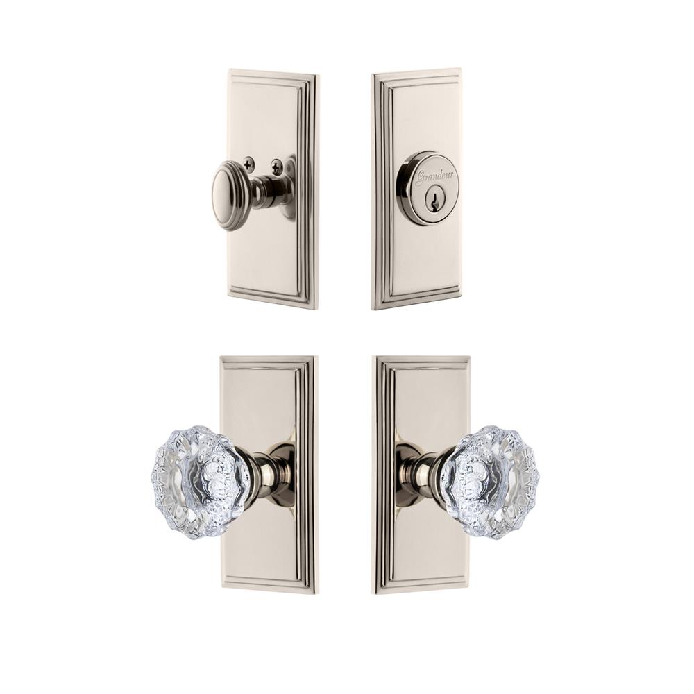 Grandeur by Nostalgic Warehouse CARFON Carre Plate with Fontainebleau Crystal Knob and matching Deadbolt in Polished Nickel
