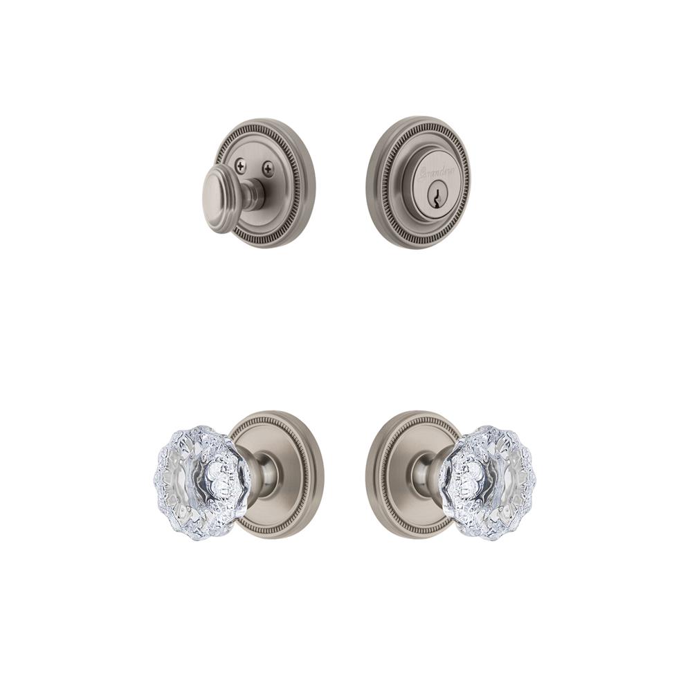 Grandeur by Nostalgic Warehouse SOLFON Soleil Plate with Fontainebleau Crystal Knob and matching Deadbolt in Satin Nickel