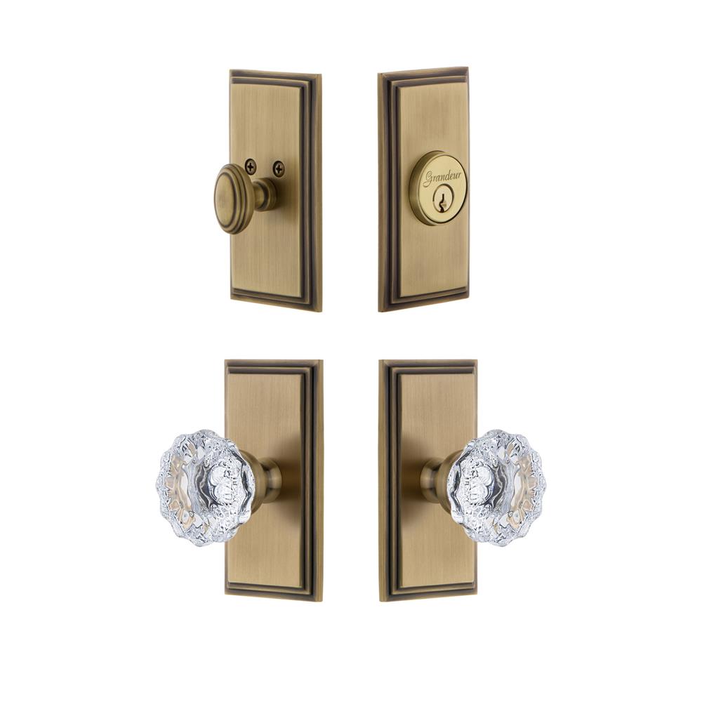Grandeur by Nostalgic Warehouse CARFON Carre Plate with Fontainebleau Crystal Knob and matching Deadbolt in Vintage Brass