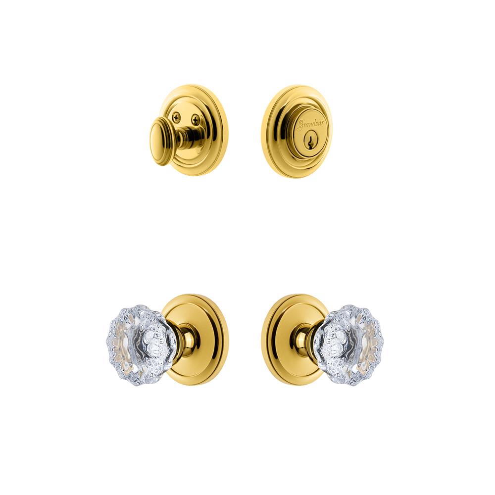 Grandeur by Nostalgic Warehouse CIRFON Circulaire Rosette with Fontainebleau Crystal Knob and matching Deadbolt in Lifetime Brass