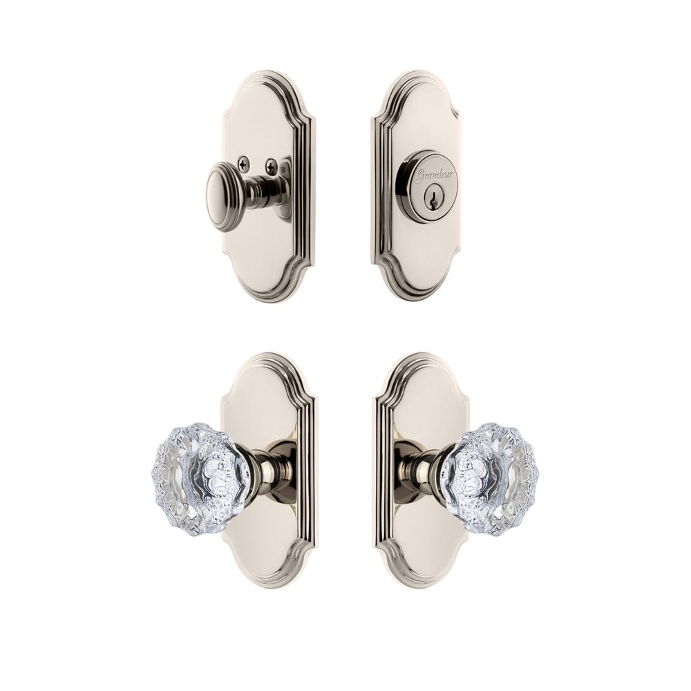 Grandeur by Nostalgic Warehouse ARCFON Arc Plate with Fontainebleau Crystal Knob and matching Deadbolt in Polished Nickel