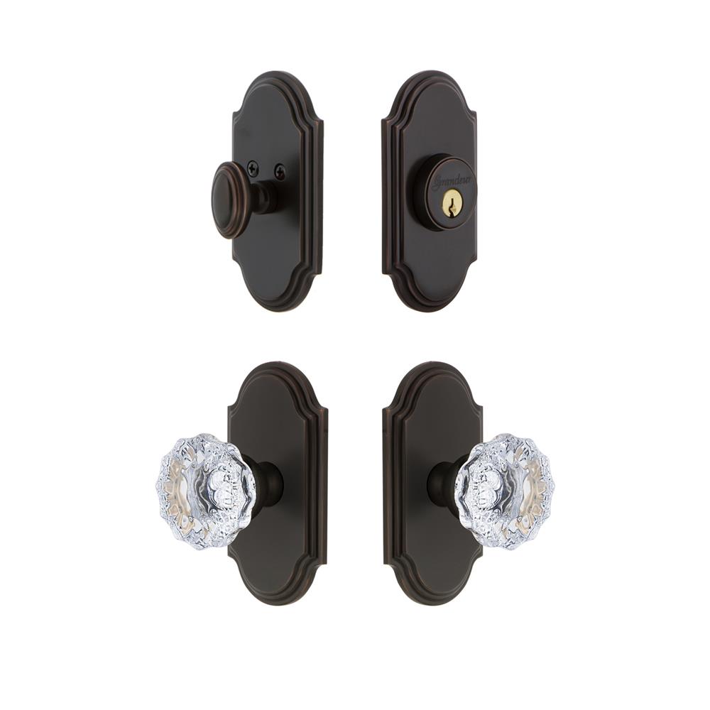 Grandeur by Nostalgic Warehouse ARCFON Arc Plate with Fontainebleau Crystal Knob and matching Deadbolt in Timeless Bronze