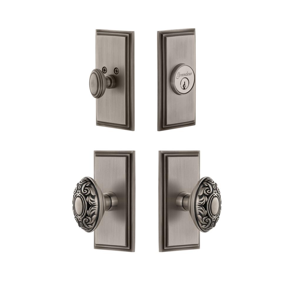 Grandeur by Nostalgic Warehouse CARGVC Carre Plate with Grande Victorian Knob and matching Deadbolt in Antique Pewter