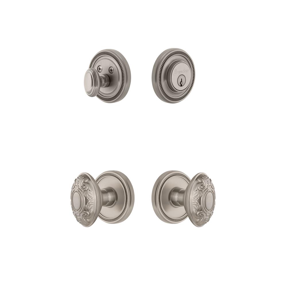 Grandeur by Nostalgic Warehouse SOLGVC Soleil Plate with Grande Victorian Knob and matching Deadbolt in Satin Nickel