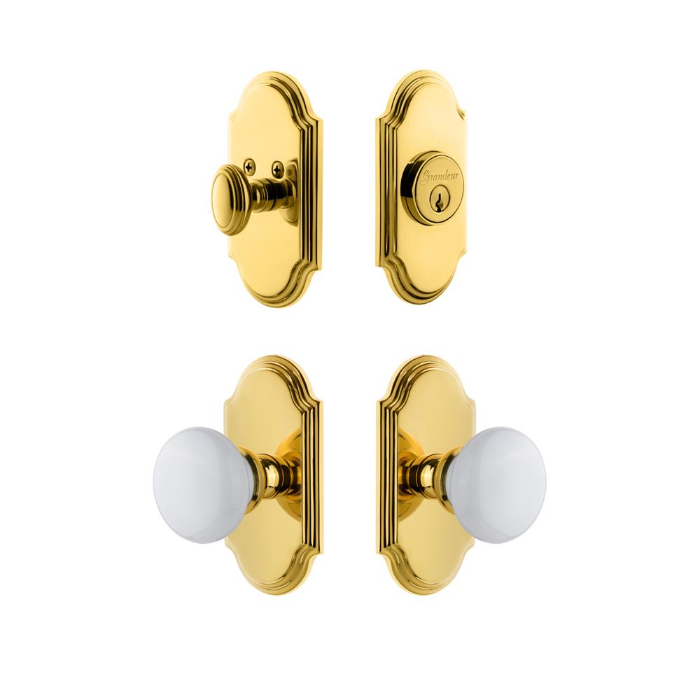 Grandeur by Nostalgic Warehouse ARCHYD Arc Plate with Hyde Park Porcelain Knob and matching Deadbolt in Lifetime Brass