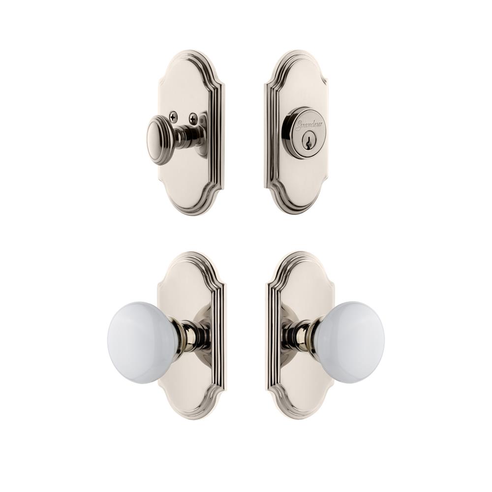 Grandeur by Nostalgic Warehouse ARCHYD Arc Plate with Hyde Park Porcelain Knob and matching Deadbolt in Polished Nickel