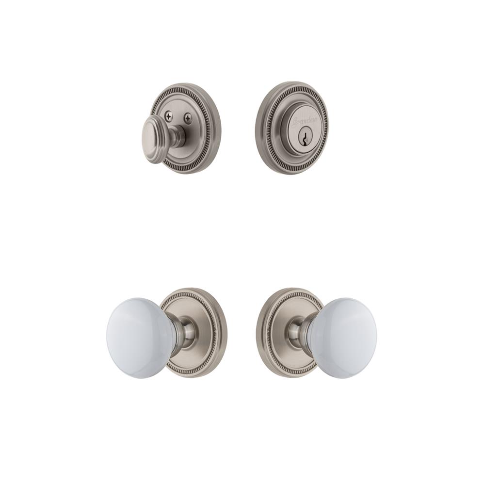 Grandeur by Nostalgic Warehouse SOLHYD Soleil Plate with Hyde Park Porcelain Knob and matching Deadbolt in Satin Nickel