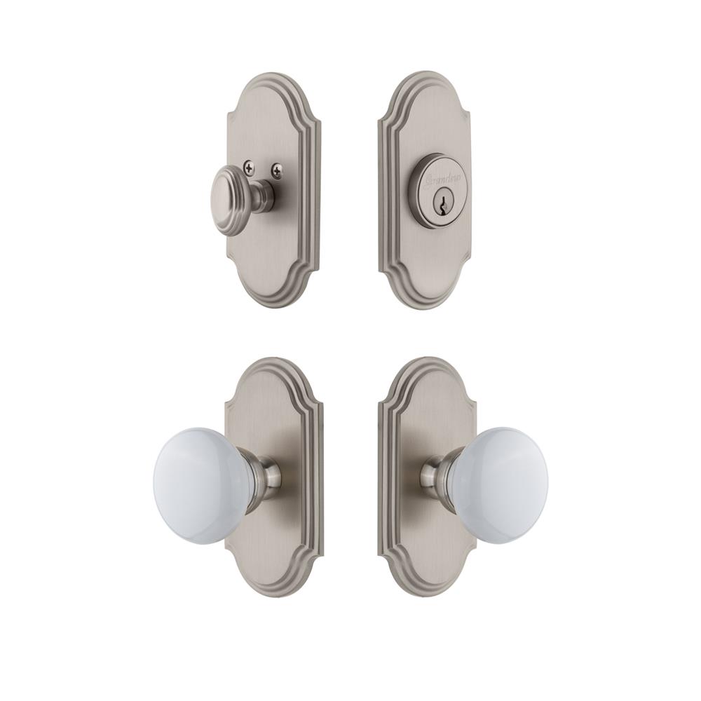 Grandeur by Nostalgic Warehouse ARCHYD Arc Plate with Hyde Park Porcelain Knob and matching Deadbolt in Satin Nickel