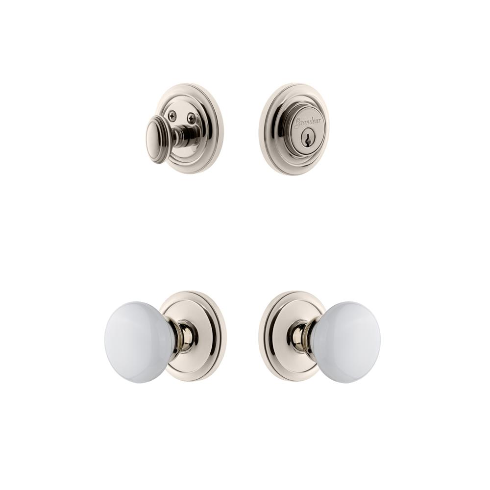 Grandeur by Nostalgic Warehouse CIRHYD Circulaire Rosette with Hyde Park Porcelain Knob and matching Deadbolt in Polished Nickel