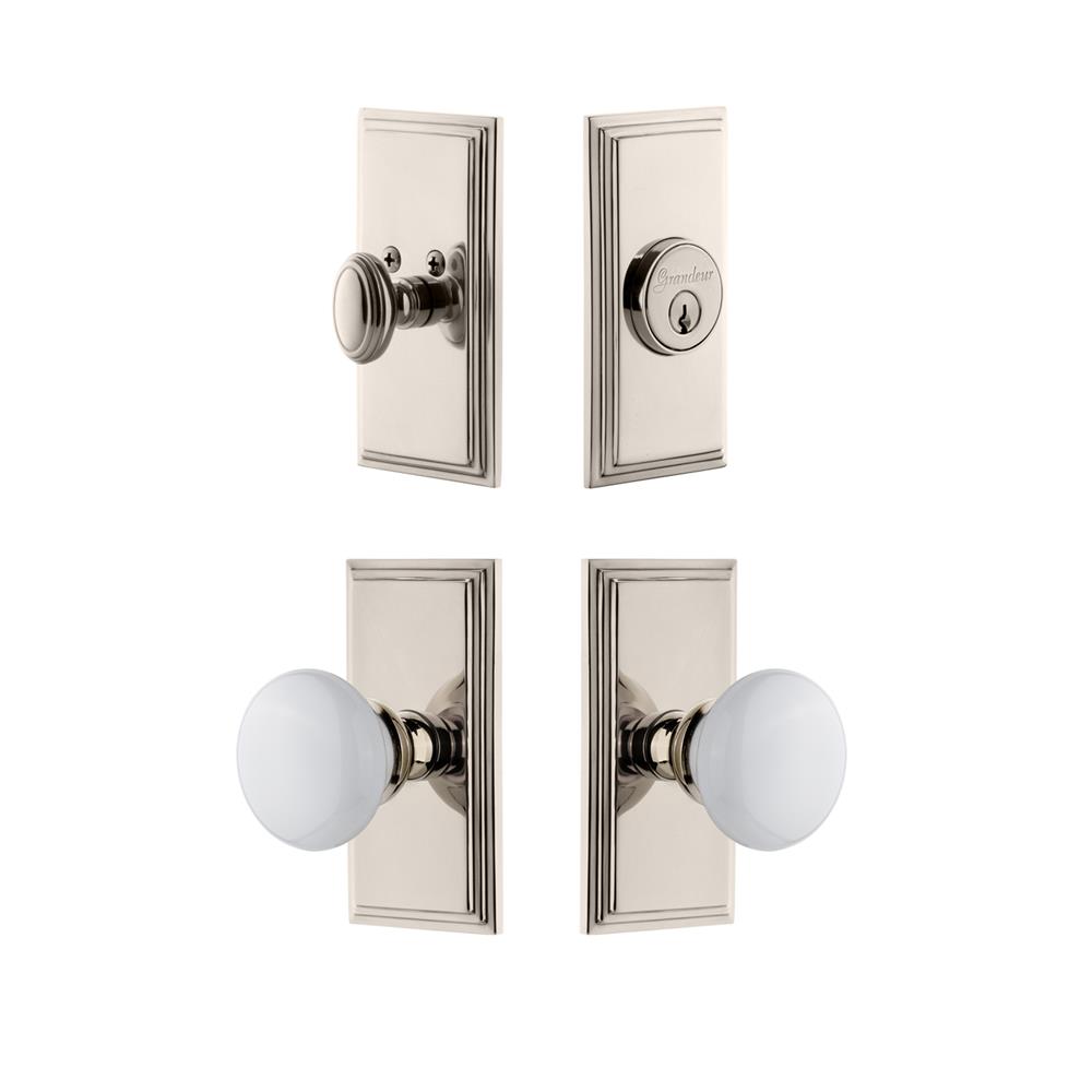 Grandeur by Nostalgic Warehouse CARHYD Carre Plate with Hyde Park Porcelain Knob and matching Deadbolt in Polished Nickel