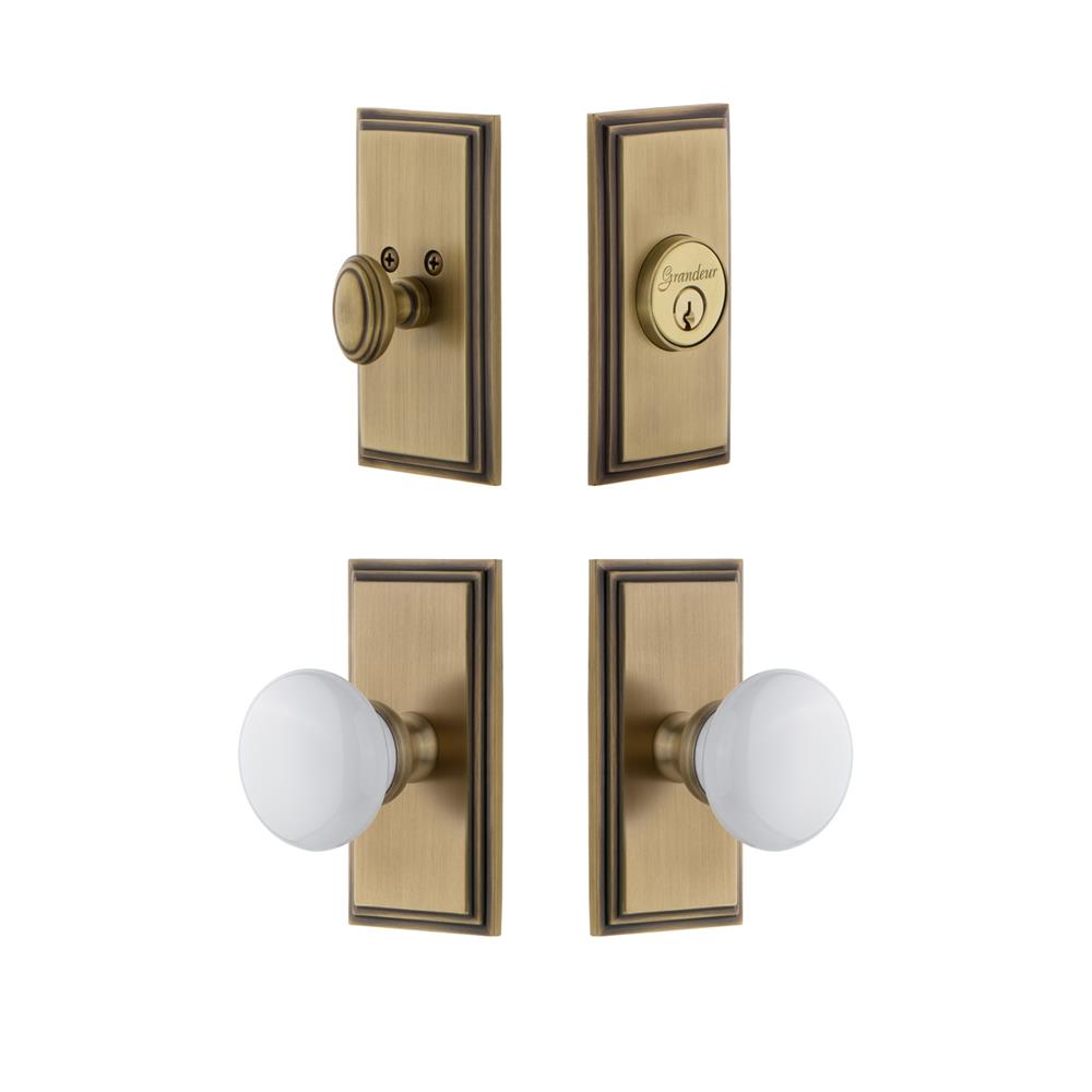 Grandeur by Nostalgic Warehouse CARHYD Carre Plate with Hyde Park Porcelain Knob and matching Deadbolt in Vintage Brass