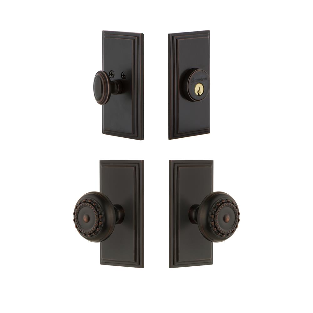 Grandeur by Nostalgic Warehouse CARPAR Carre Plate with Parthenon Knob and matching Deadbolt in Timeless Bronze