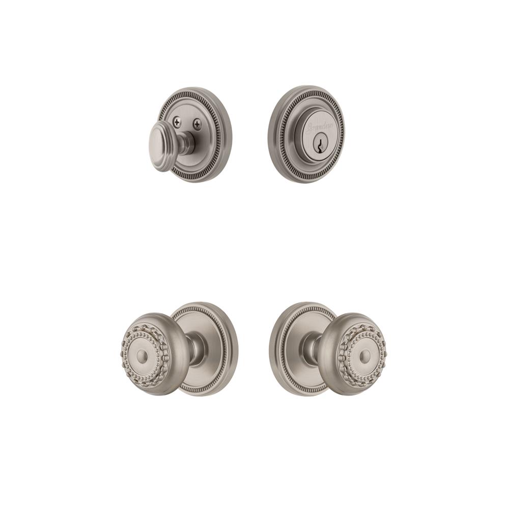 Grandeur by Nostalgic Warehouse SOLPAR Soleil Plate with Parthenon Knob and matching Deadbolt in Satin Nickel