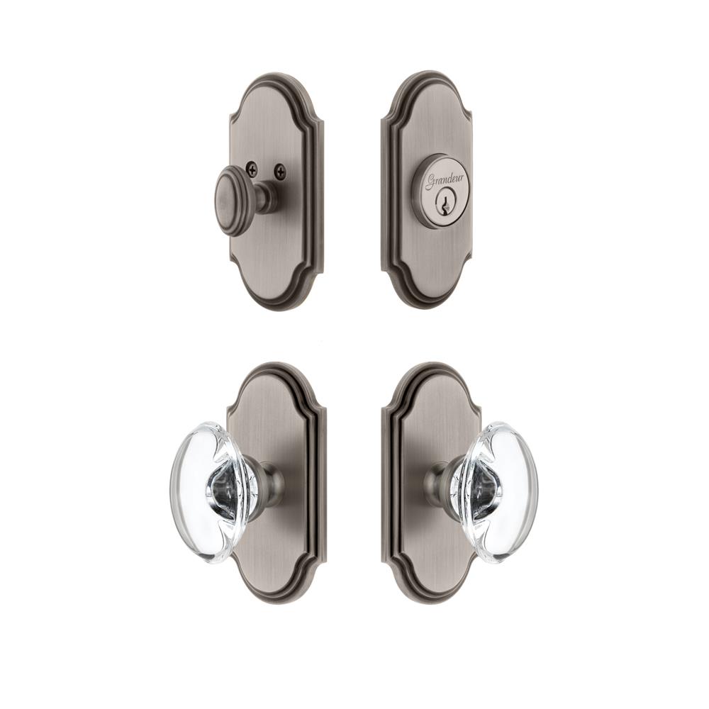 Grandeur by Nostalgic Warehouse ARCPRO Arc Plate with Provence Crystal Knob and matching Deadbolt in Antique Pewter