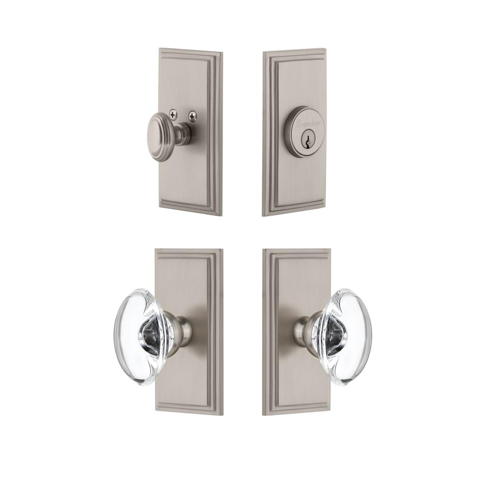 Grandeur by Nostalgic Warehouse CARPRO Carre Plate with Provence Crystal Knob and matching Deadbolt in Satin Nickel